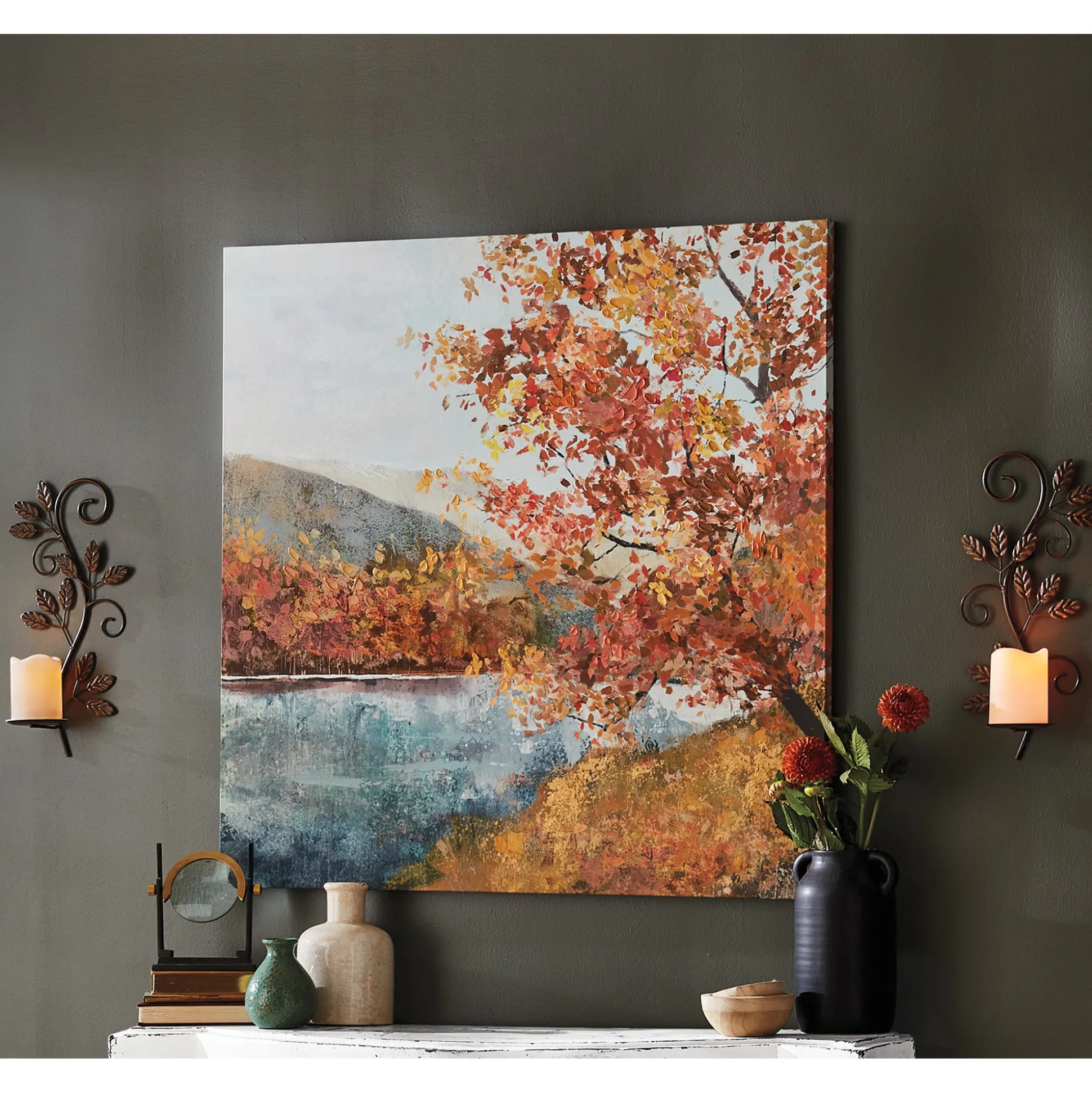 Autumn Lake View Wall Art and Set of 2 Scrolls and Leaves Wall Sconces