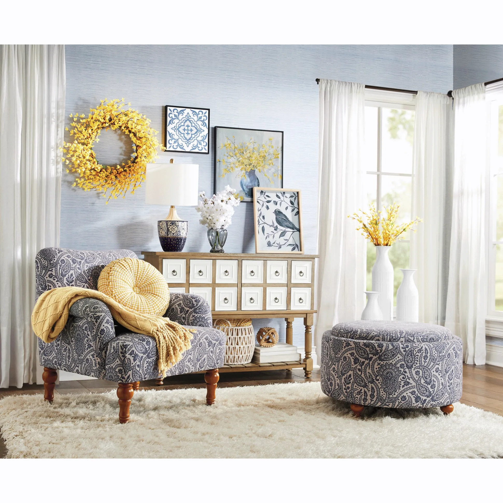 Blue Floral and Dot Base Table Lamp