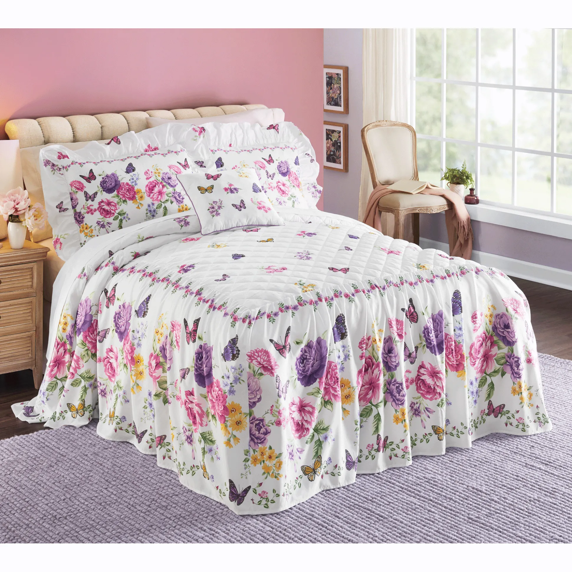Butterfly Floral Skirted Bedspread
