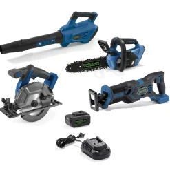 Buy All and Save Pack: Powr-Kraft 20V Blower, Circular Saw, Reciprocating Saw, Chainsaw with 4.0Ah Lithium-Ion Battery & Charger by Montgomery Ward