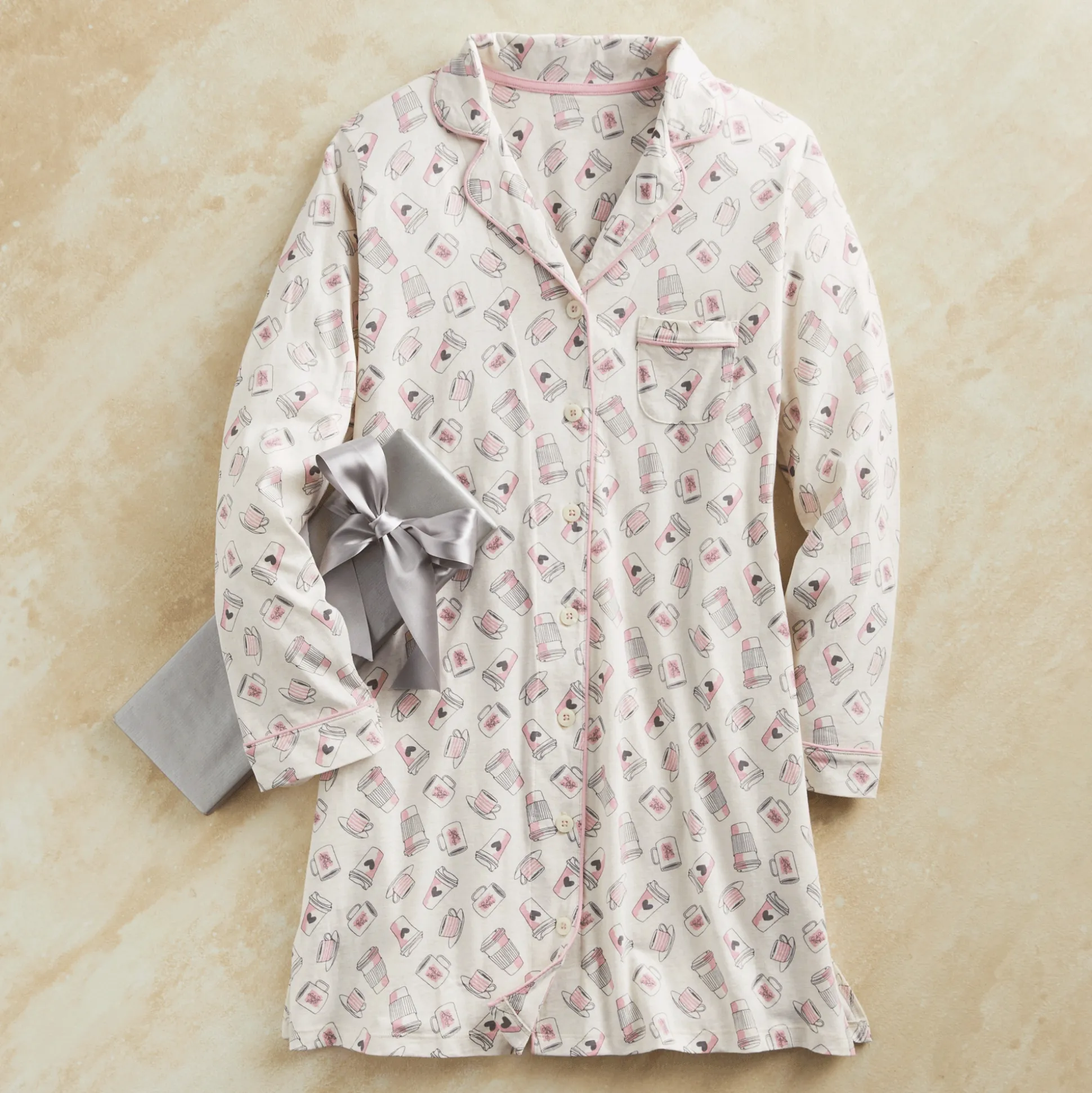 Café Nightshirt in Stretch Organic Cotton Knit with Coffee Print