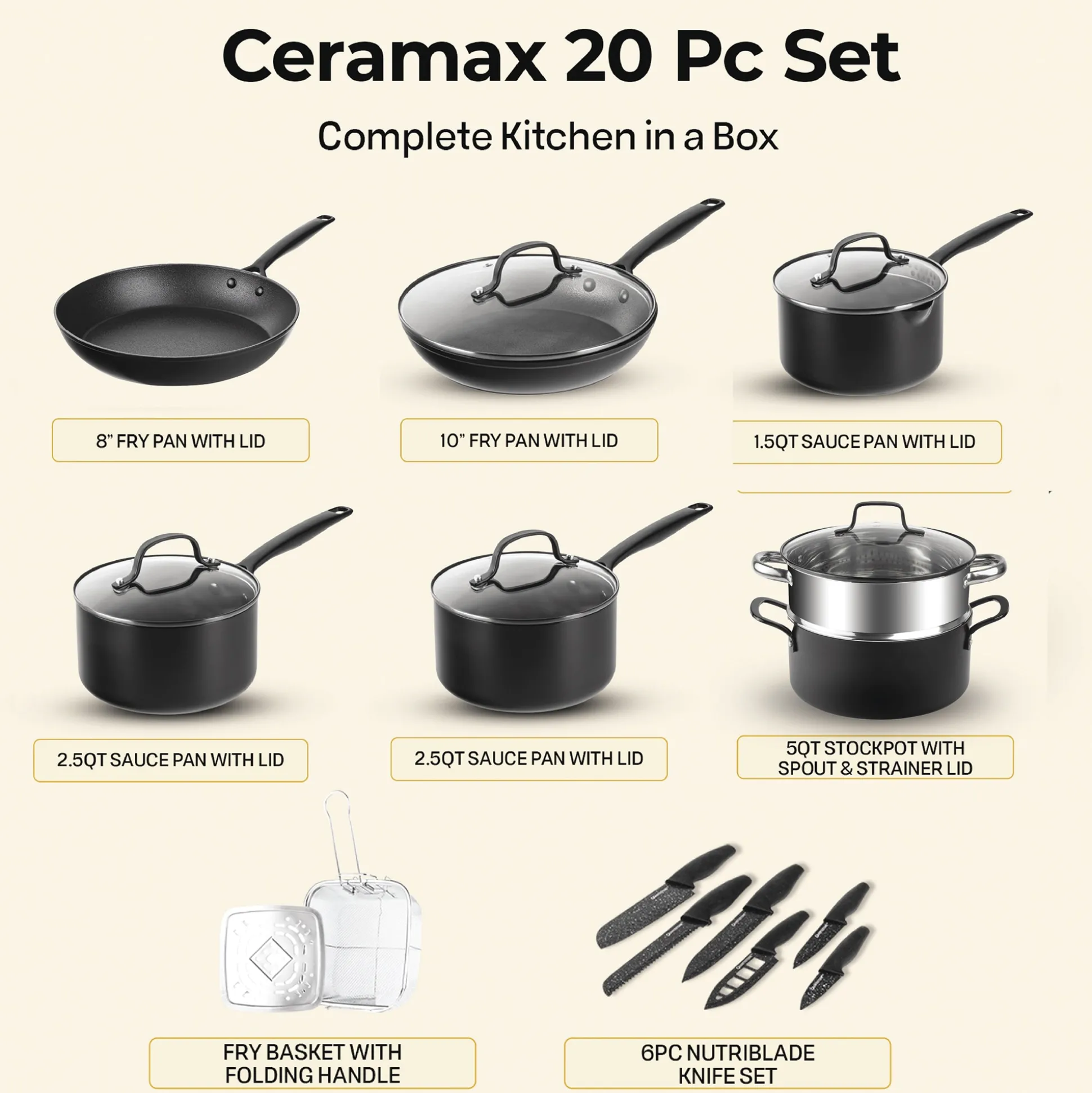 Ceramax 20-Piece Ceramic Nonstick Cookware Set