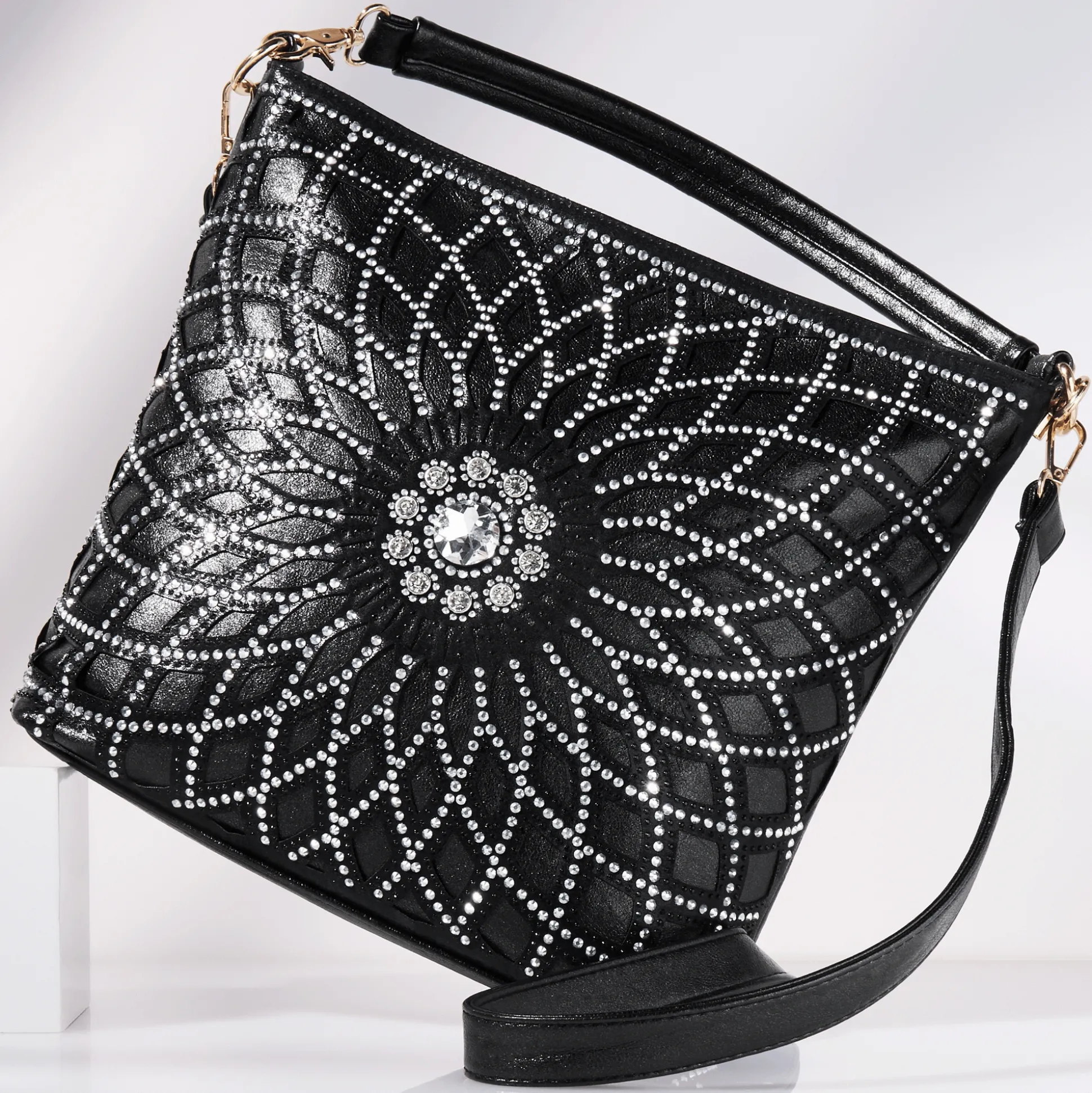 Chique Rhinestone-Embellished Bucket Bag with Zip Closure