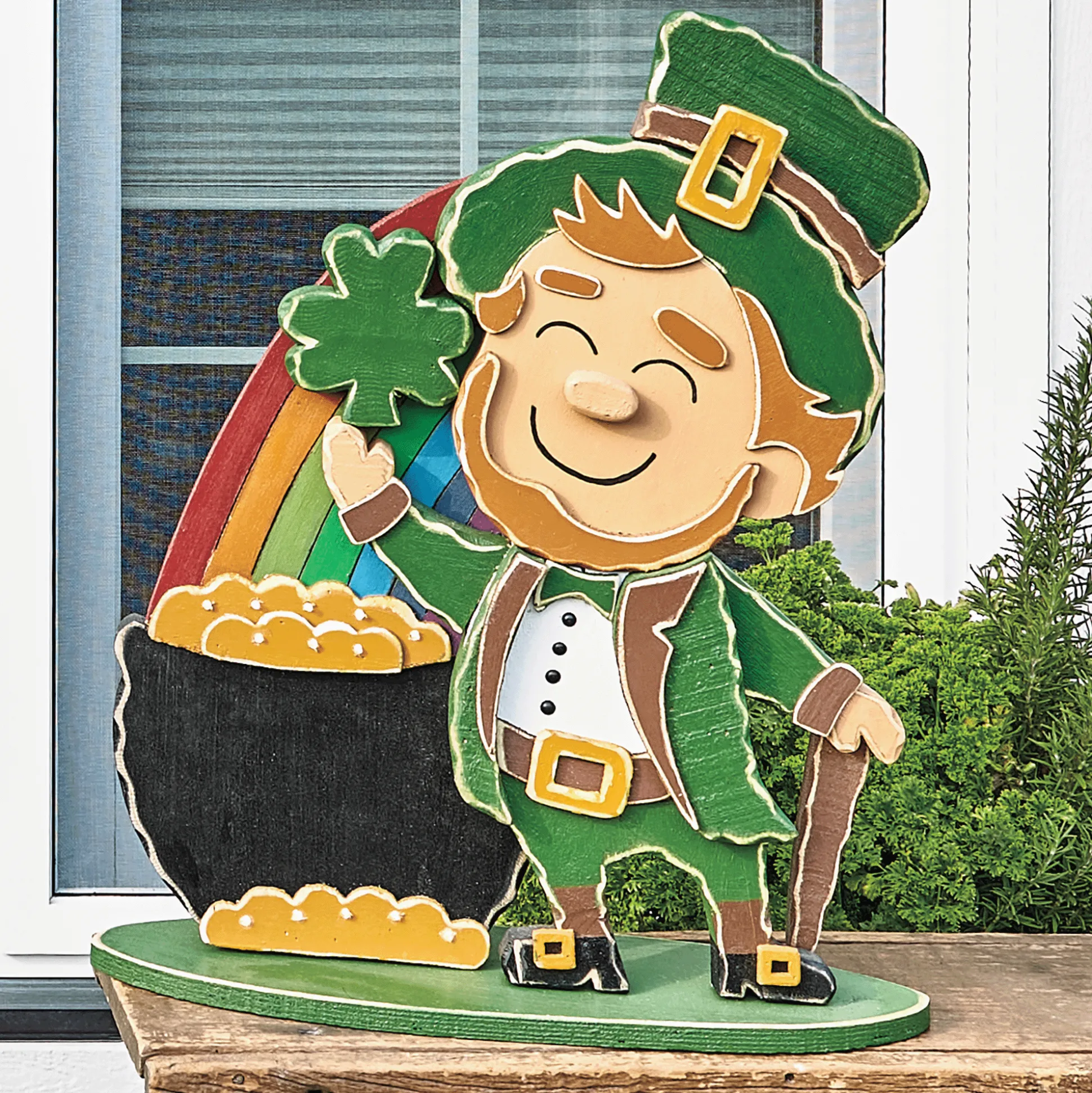 Chunky Wood Lit Pot Of Gold Leprechaun