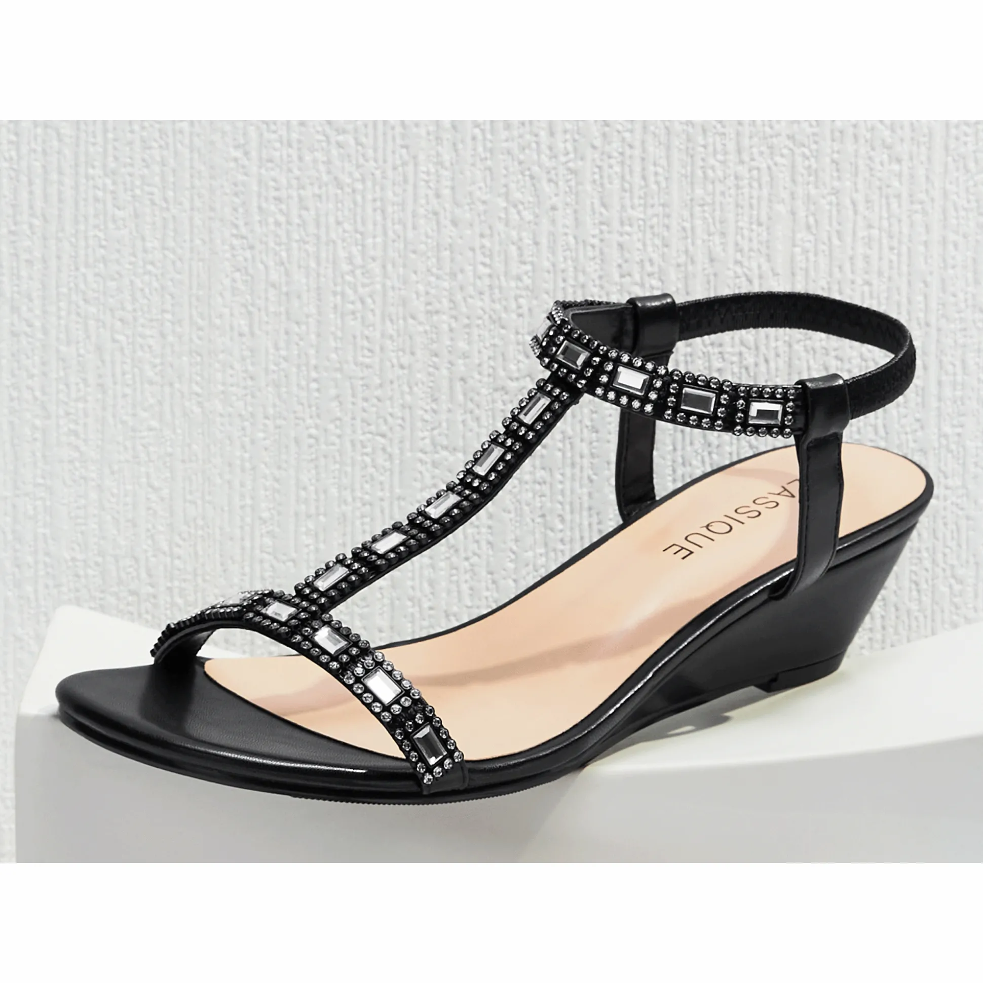 Classique Rhinestone T-Strap Wedge