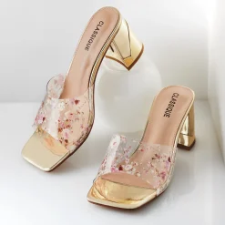 Classique See-Through Vinyl Floral Slide with 2.5" Metallic Statement Heel