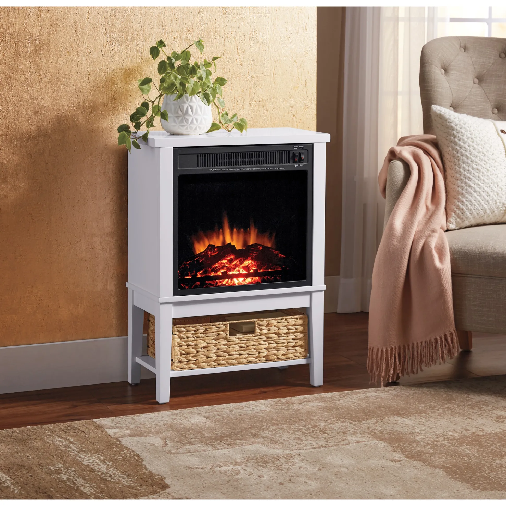 Compact Storage Fireplace With Basket