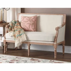 Country-Style Hand-Carved Wood Settee