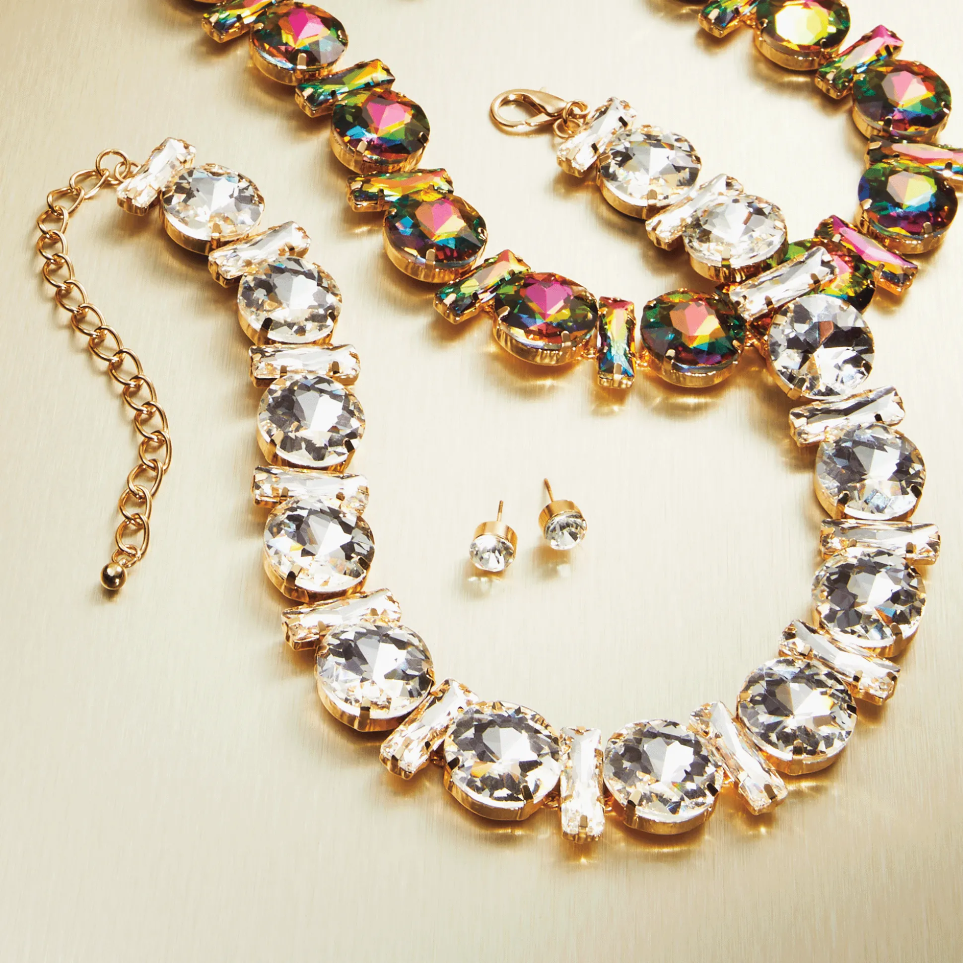 Crystal Round/Rectangular Strand Necklace & Earring Set