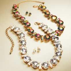 Crystal Round/Rectangular Strand Necklace & Earring Set