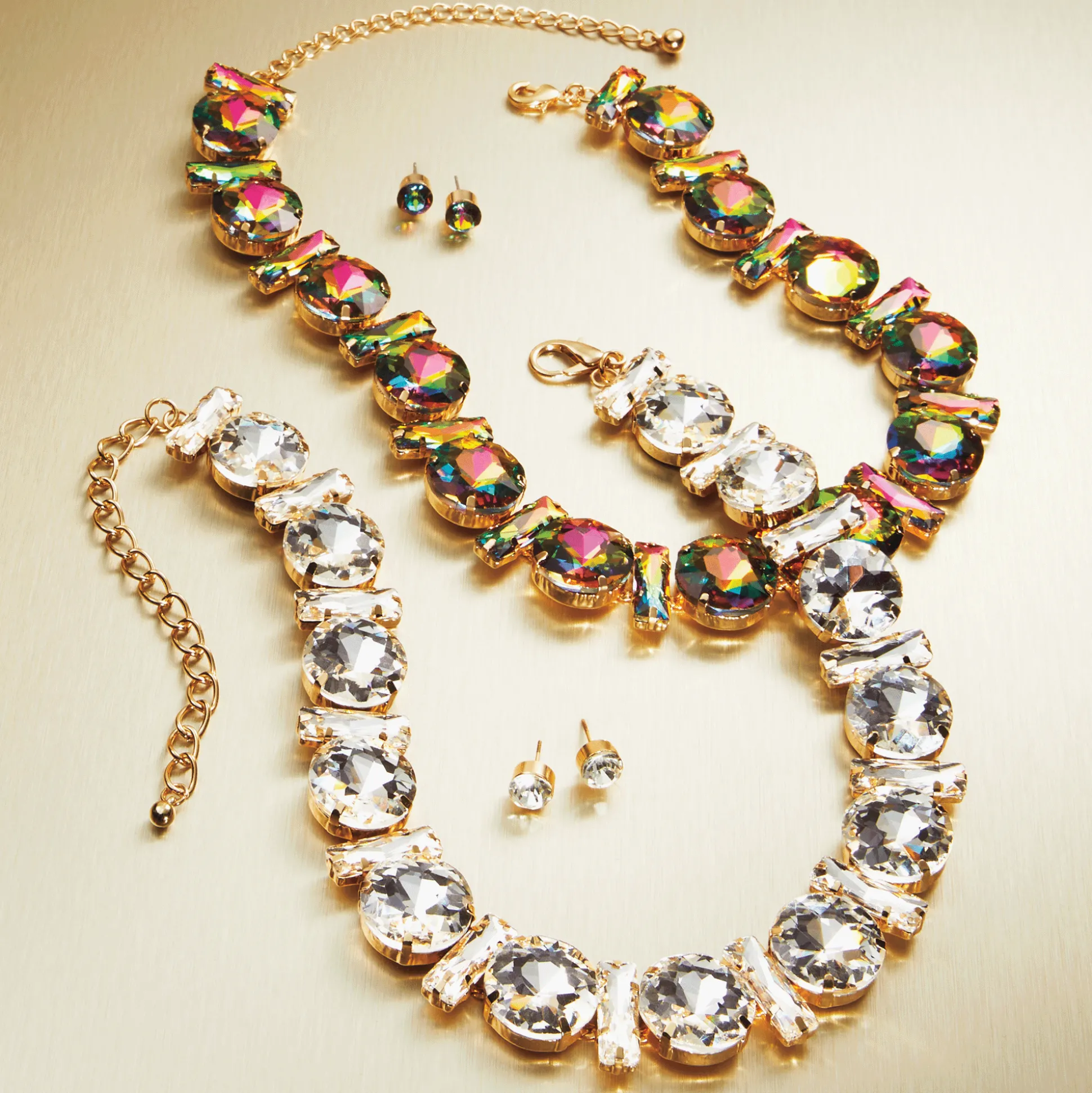 Crystal Round/Rectangular Strand Necklace & Earring Set