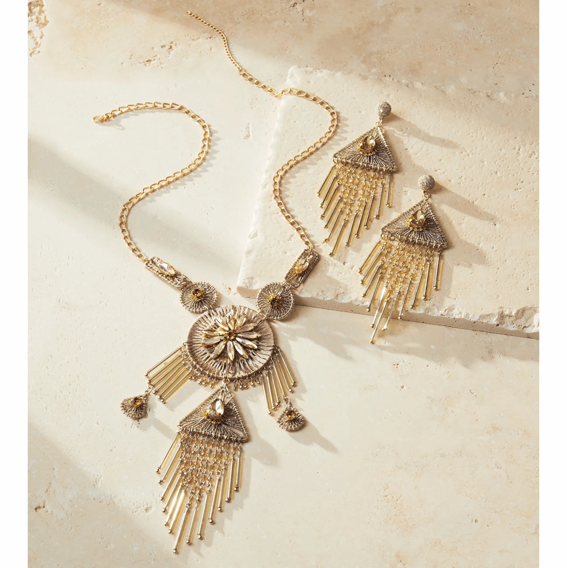 Crystal Thread Drop Long Necklace & Earrings - Buy Both and Save