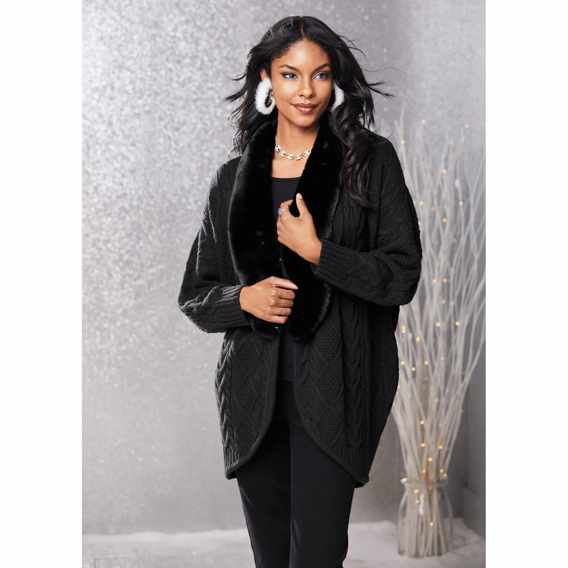 Diana Cocoon-Style Women's Cabel-Knit Cardigan with Removable Faux Fur Trim