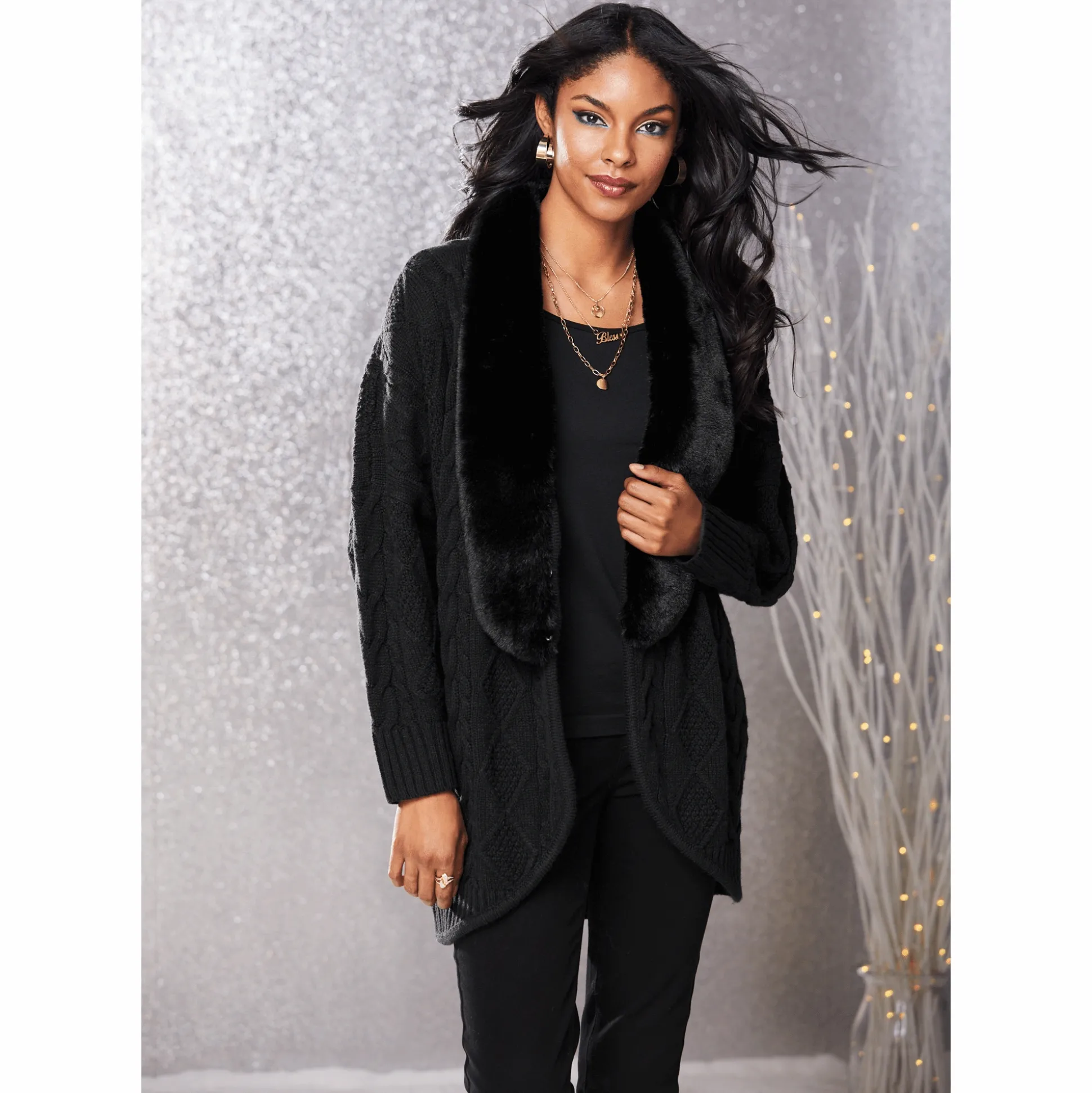 Diana Cocoon-Style Women's Cabel-Knit Cardigan with Removable Faux Fur Trim