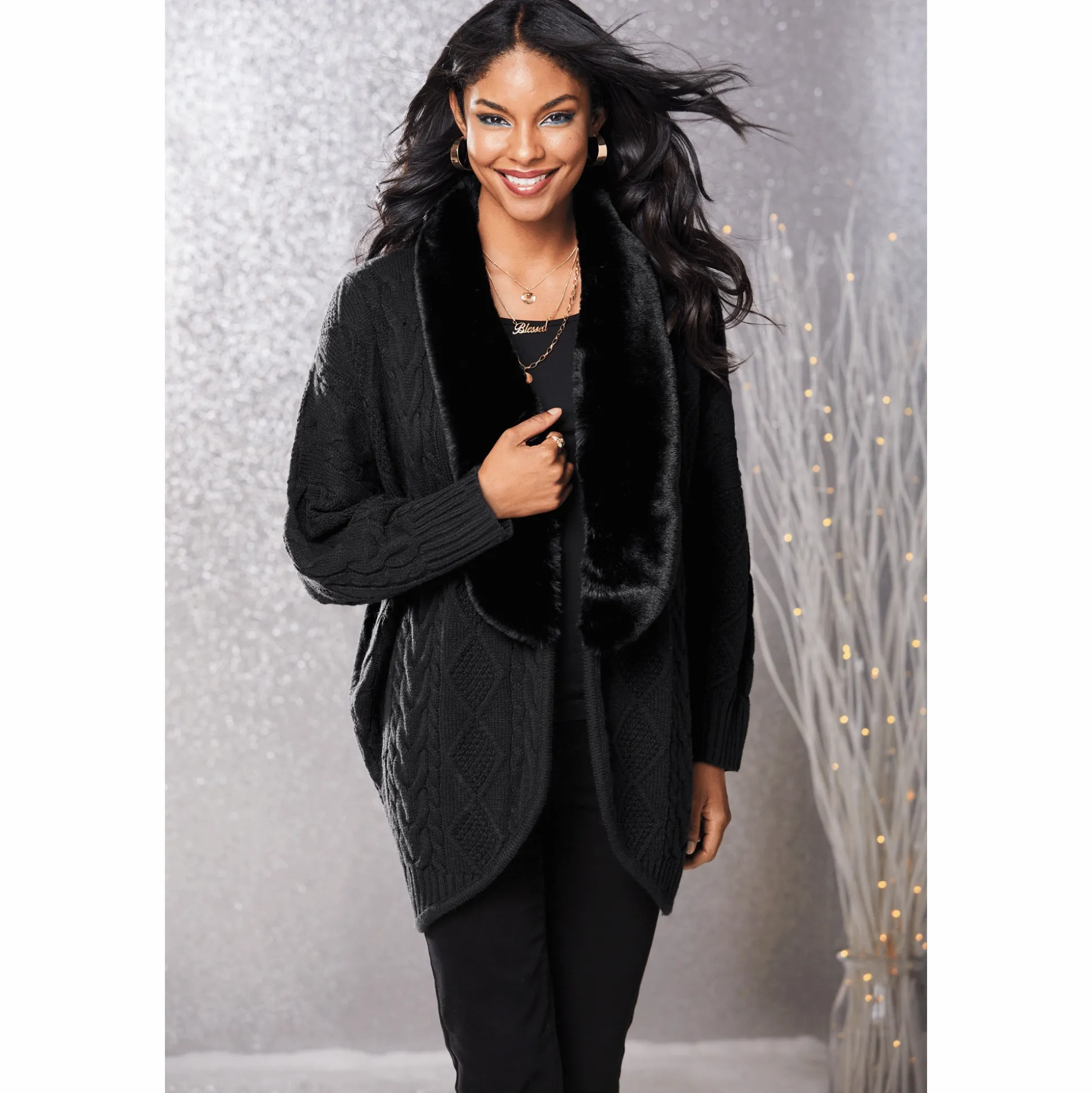Diana Cocoon-Style Women's Cabel-Knit Cardigan with Removable Faux Fur Trim