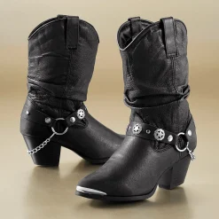 Dingo Genuine Leather Slouch Cowgirl Boot with Studs and Chain Detail for Women