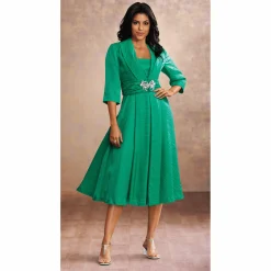 Elegant Fit-and-Flare Sparkling Jacket Dress with 3/4 Sleeve