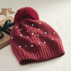 Embellished Knit Beanie with Pom