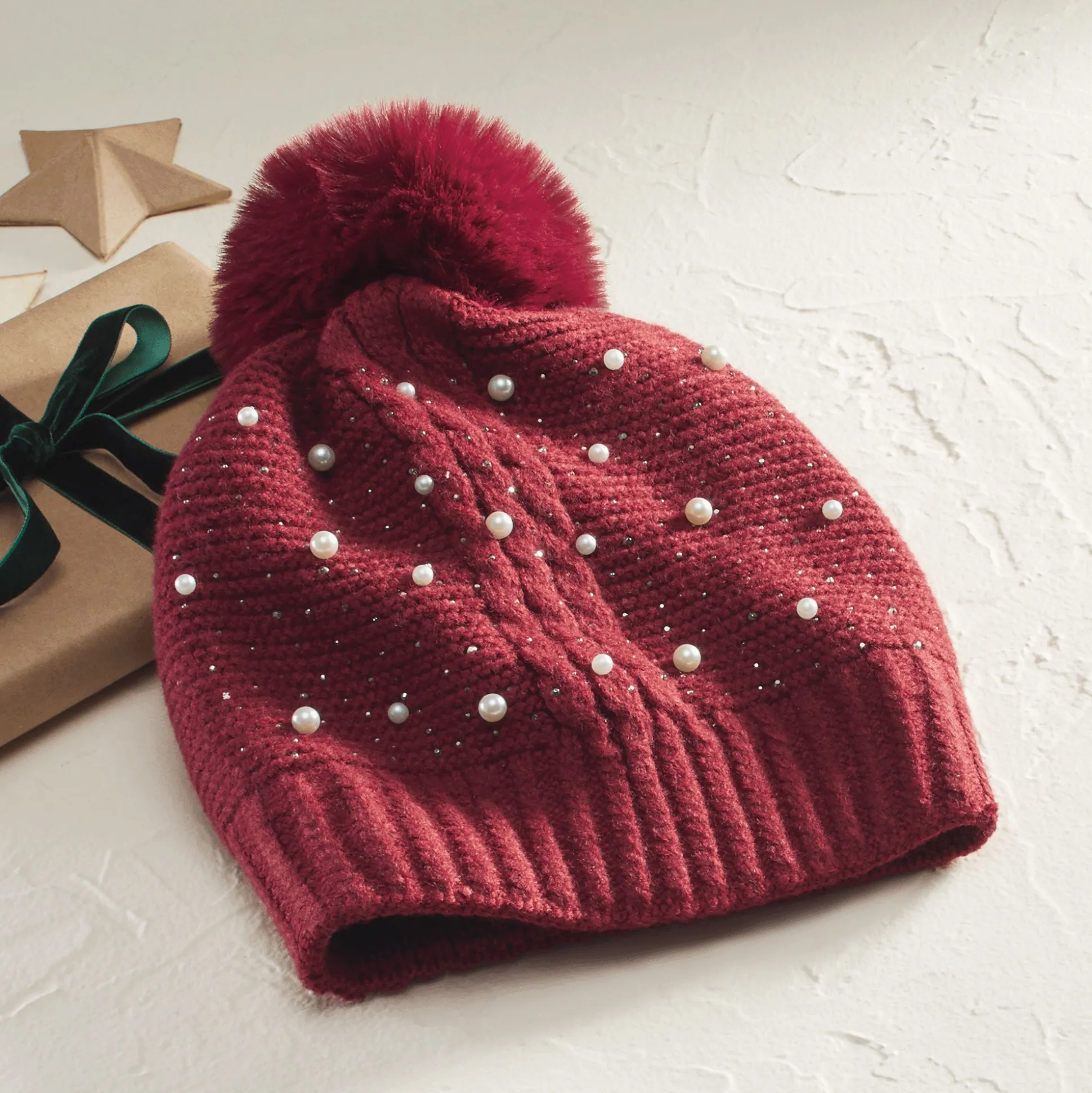 Embellished Knit Beanie with Pom