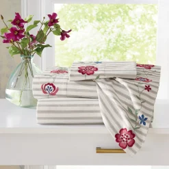 Embroidered Floral Cotton Ticking Stripe Sheet Set