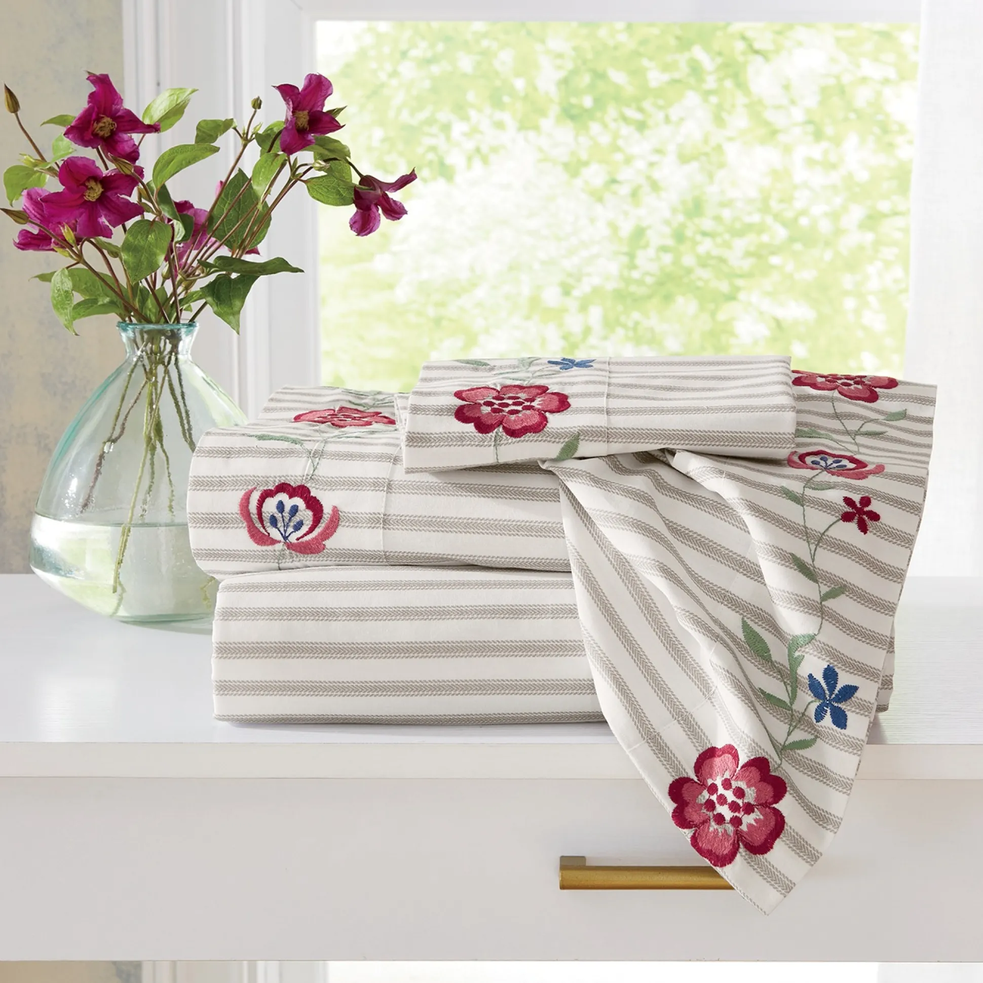 Embroidered Floral Cotton Ticking Stripe Sheet Set