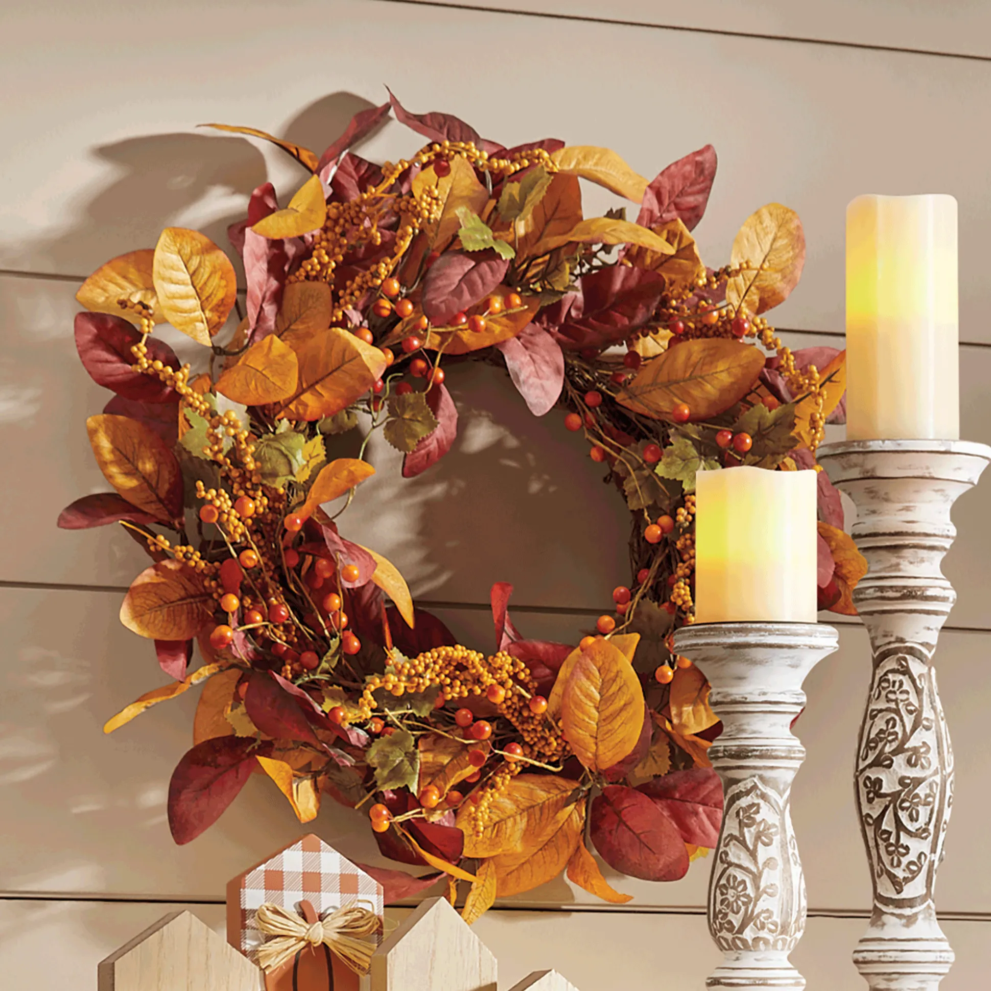 Fall Leaves and Berries Wreath with Bow