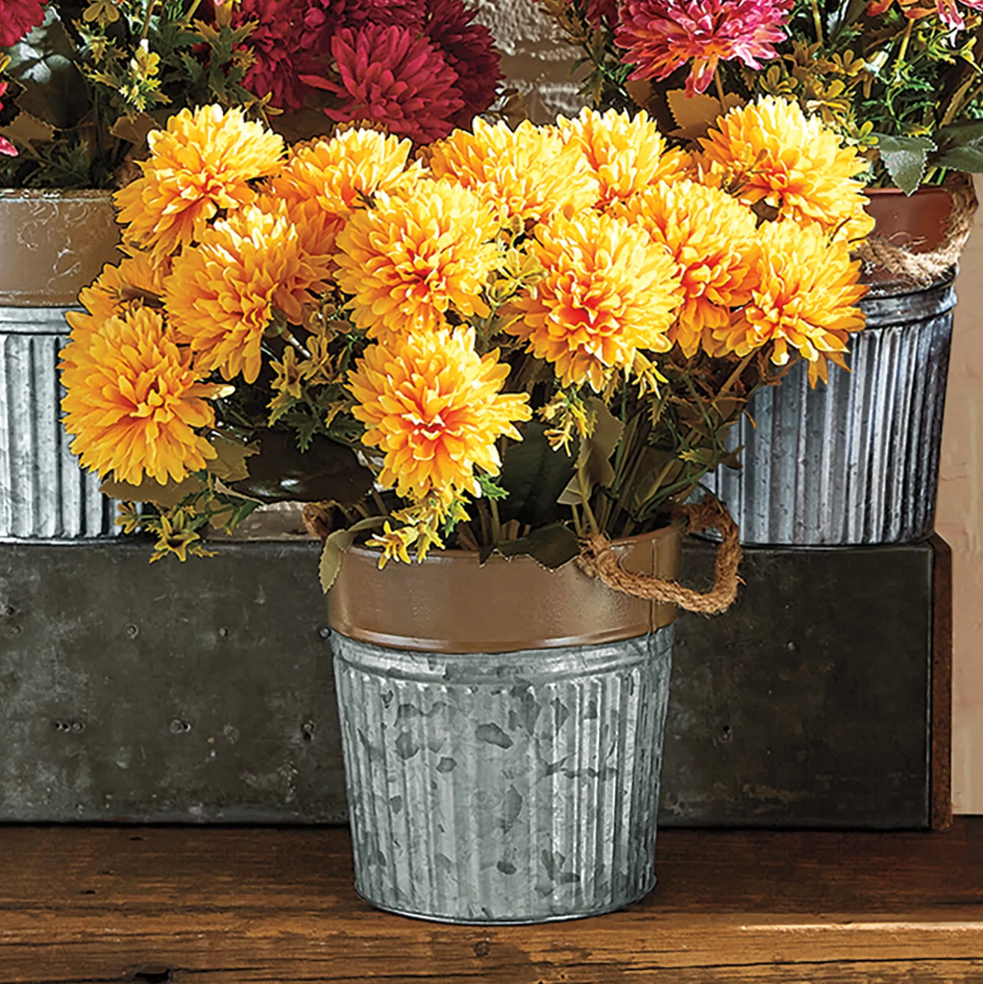 Faux Mums in Galvanized Pot