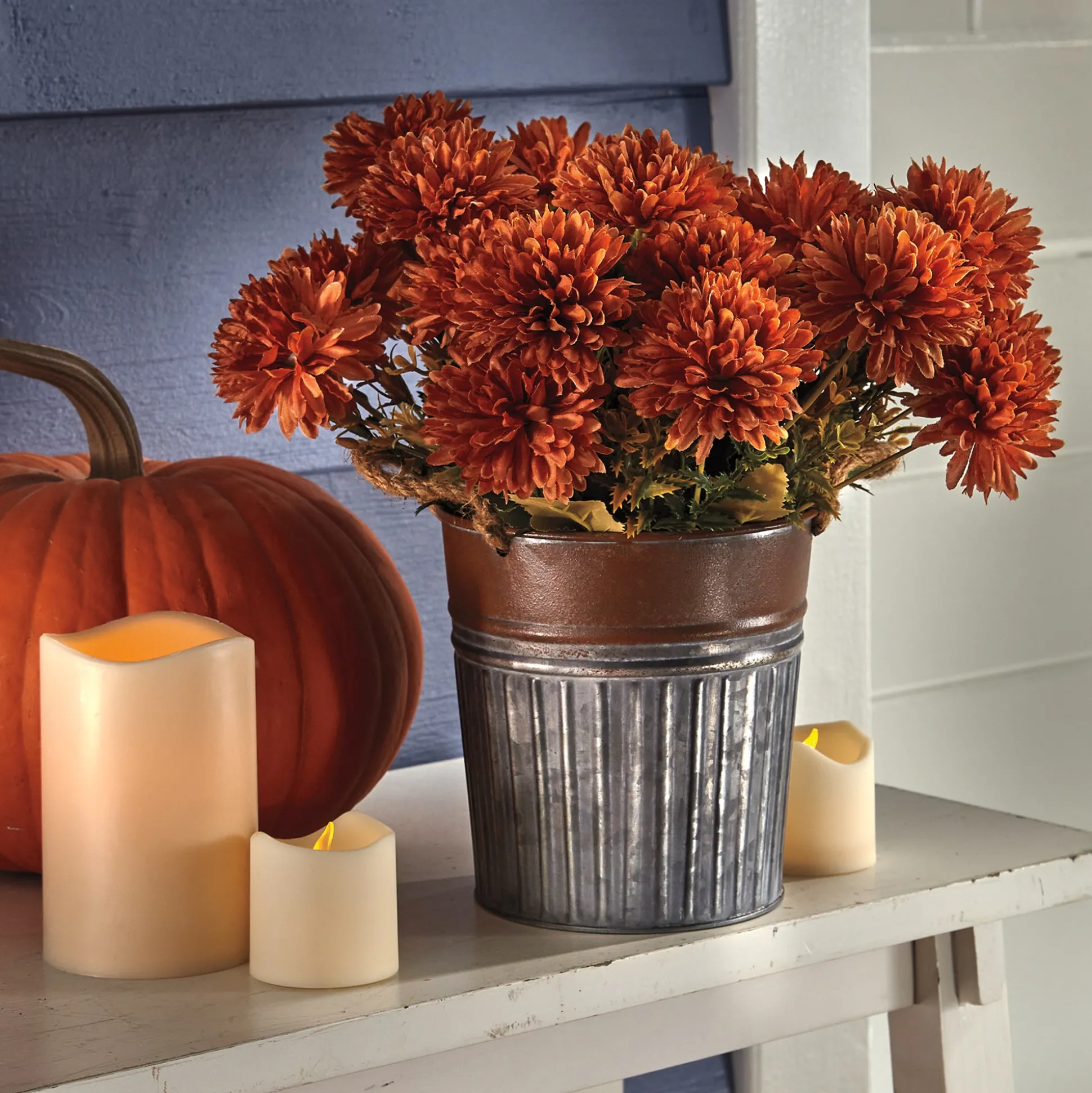 Faux Mums in Galvanized Pot