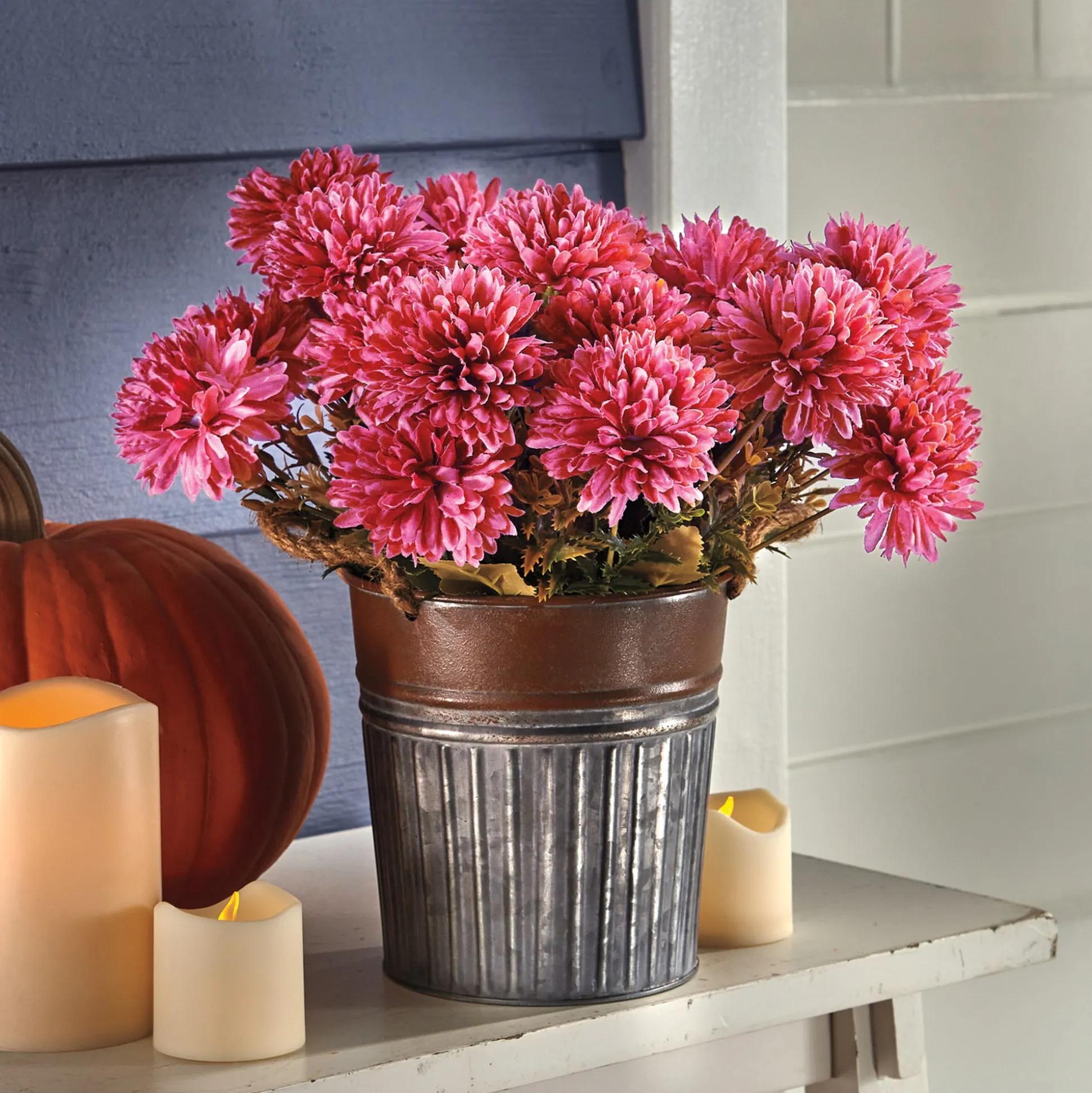 Faux Mums in Galvanized Pot