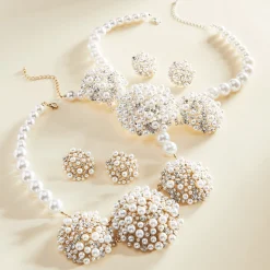 Faux-Pearl Crystal Cluster Necklace & Earring Set