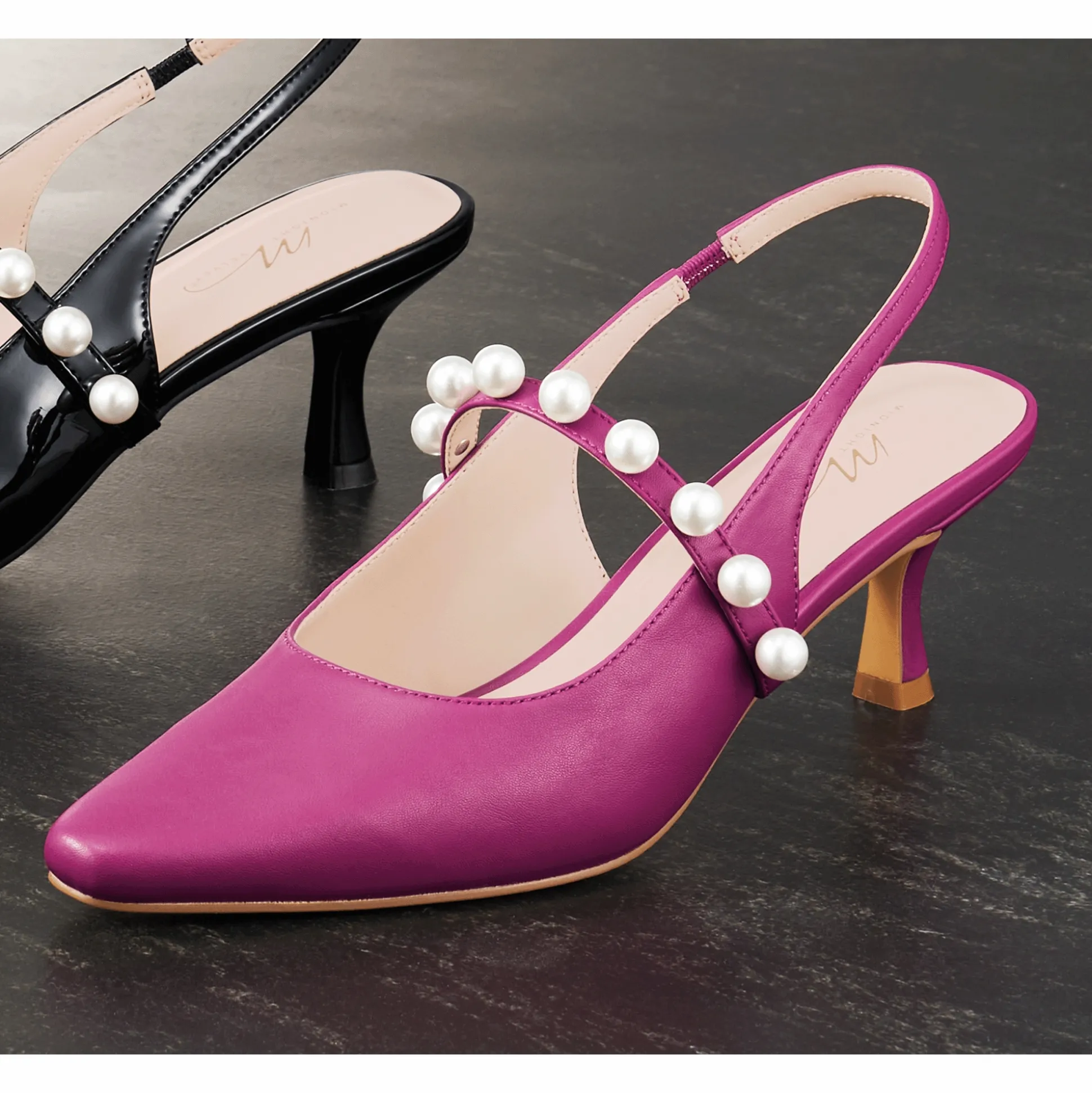 Faux-Pearl Strapped Slingback for Women with 2.5" Heel and Memory Foam