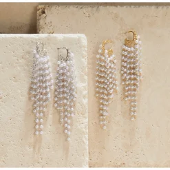 Faux-Pearl Tassel Hoops