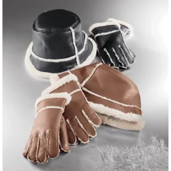 Faux Shearling Women's Hat and Glove Set with Faux Fur Trim