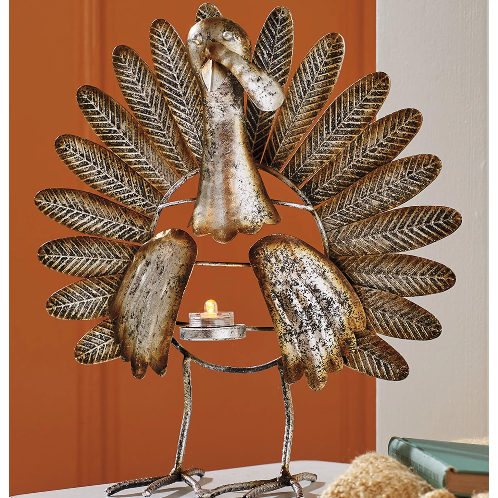 Galvanized Turkey Candleholder with LED Candle