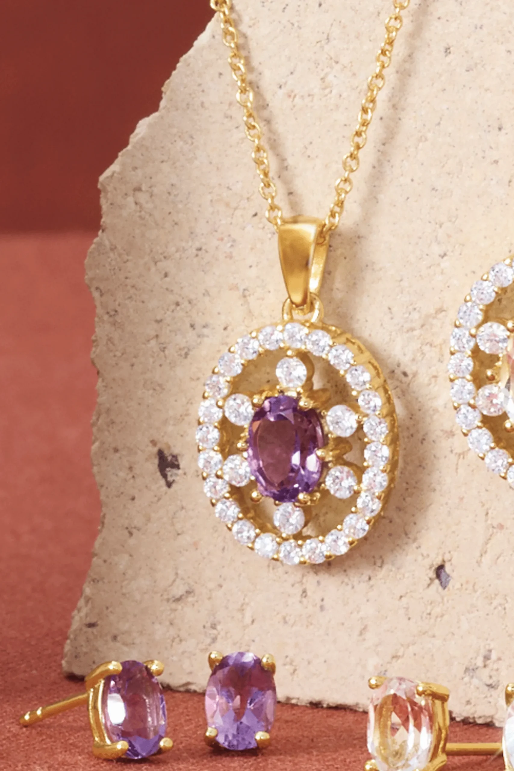 Gemstone Oval Frame Necklace & Earring Set