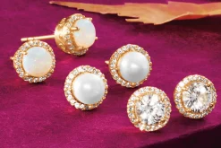 Gemstone 3-Pair Halo Stud Earring Sets