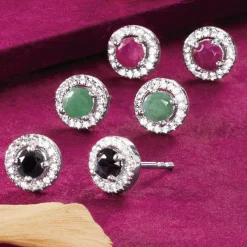 Gemstone 3-Pair Halo Stud Earring Sets