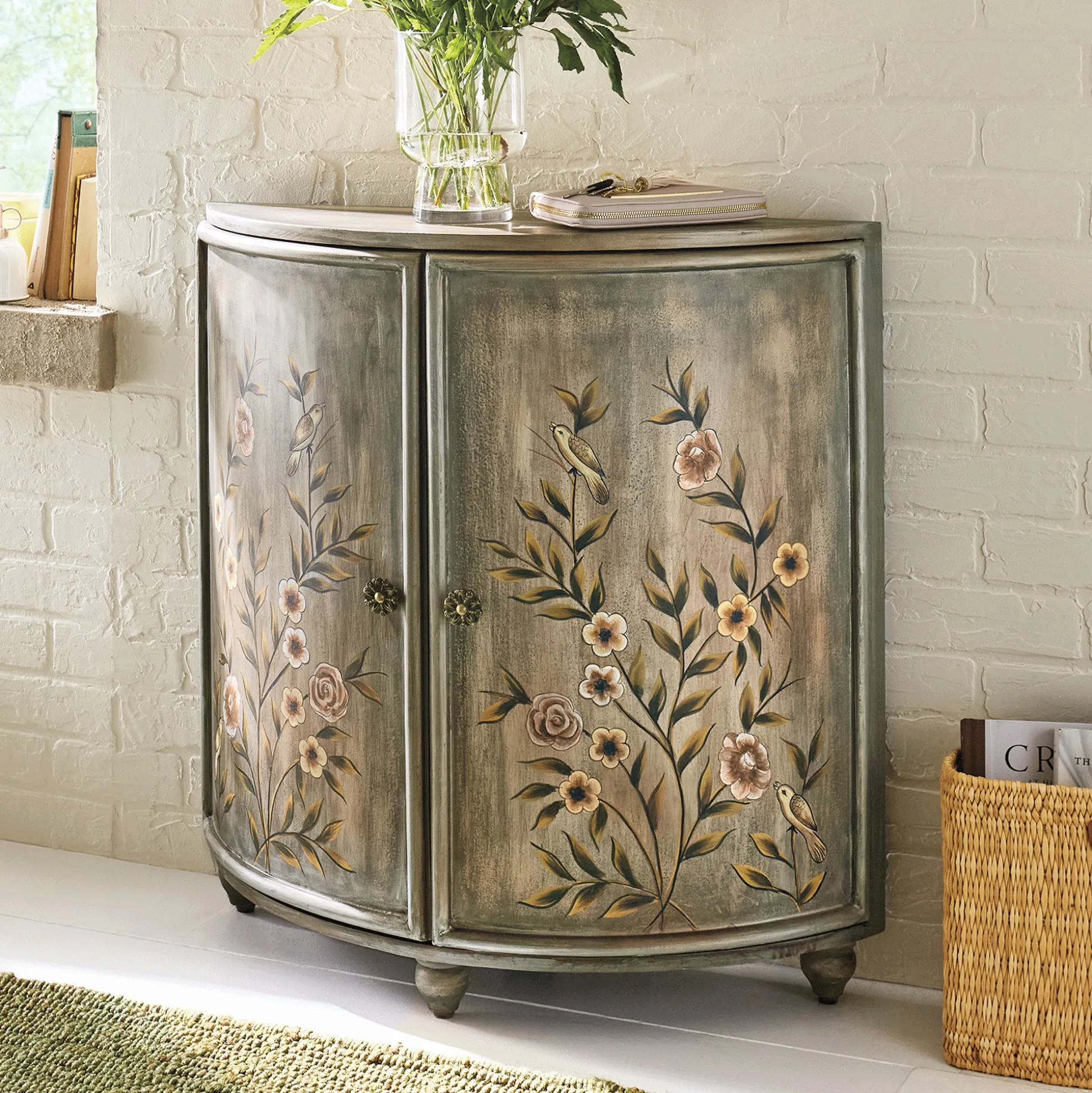 Hand-Painted Floral Half-Moon Cabinet