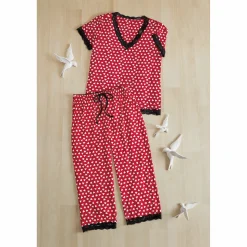 Heart-Print Women’s PJ Set with Lace Trim in Stretch Jersey Knit