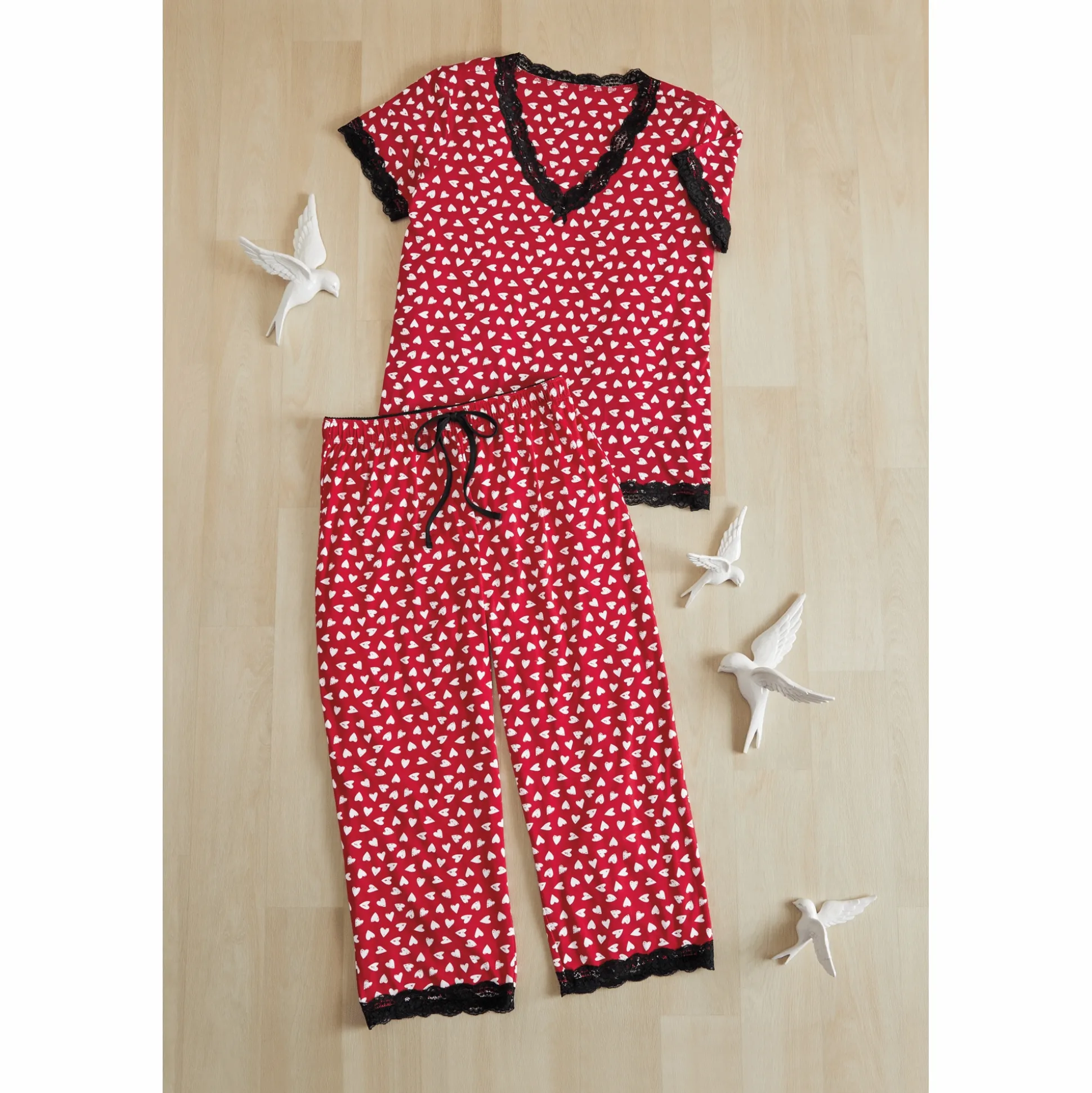 Heart-Print Women’s PJ Set with Lace Trim in Stretch Jersey Knit