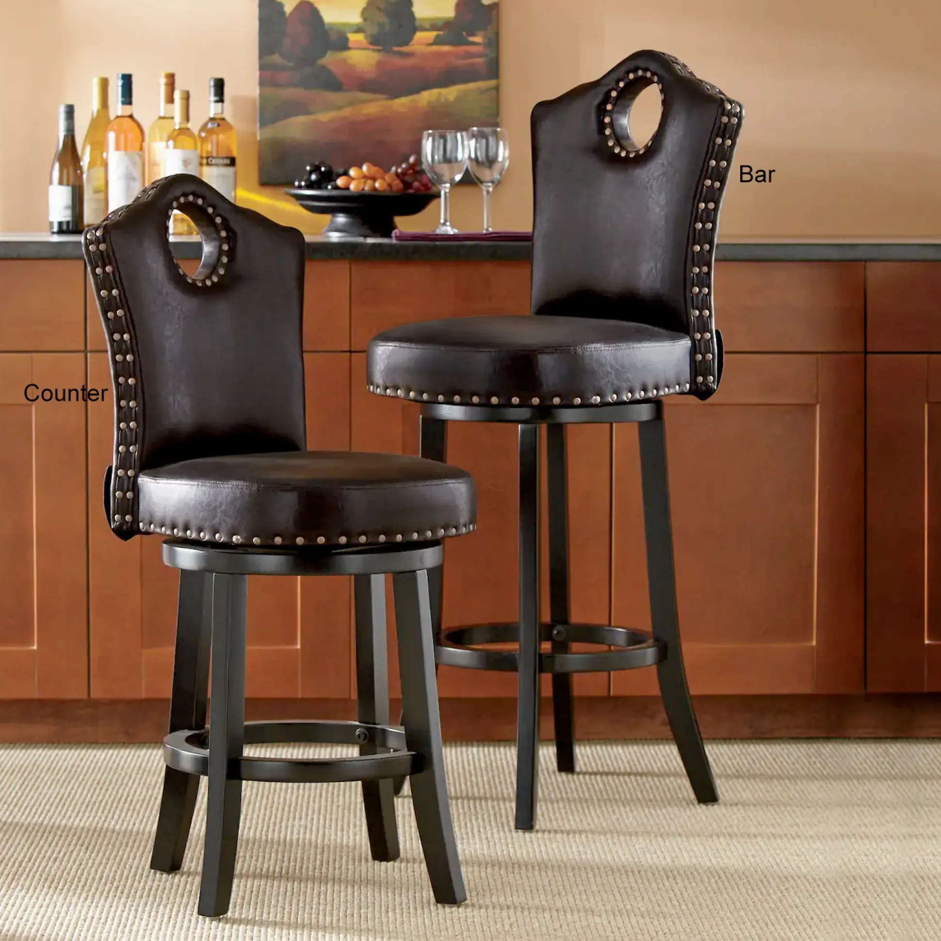 High-Back Swivel Bar or Counter Stool with Nailhead Trim