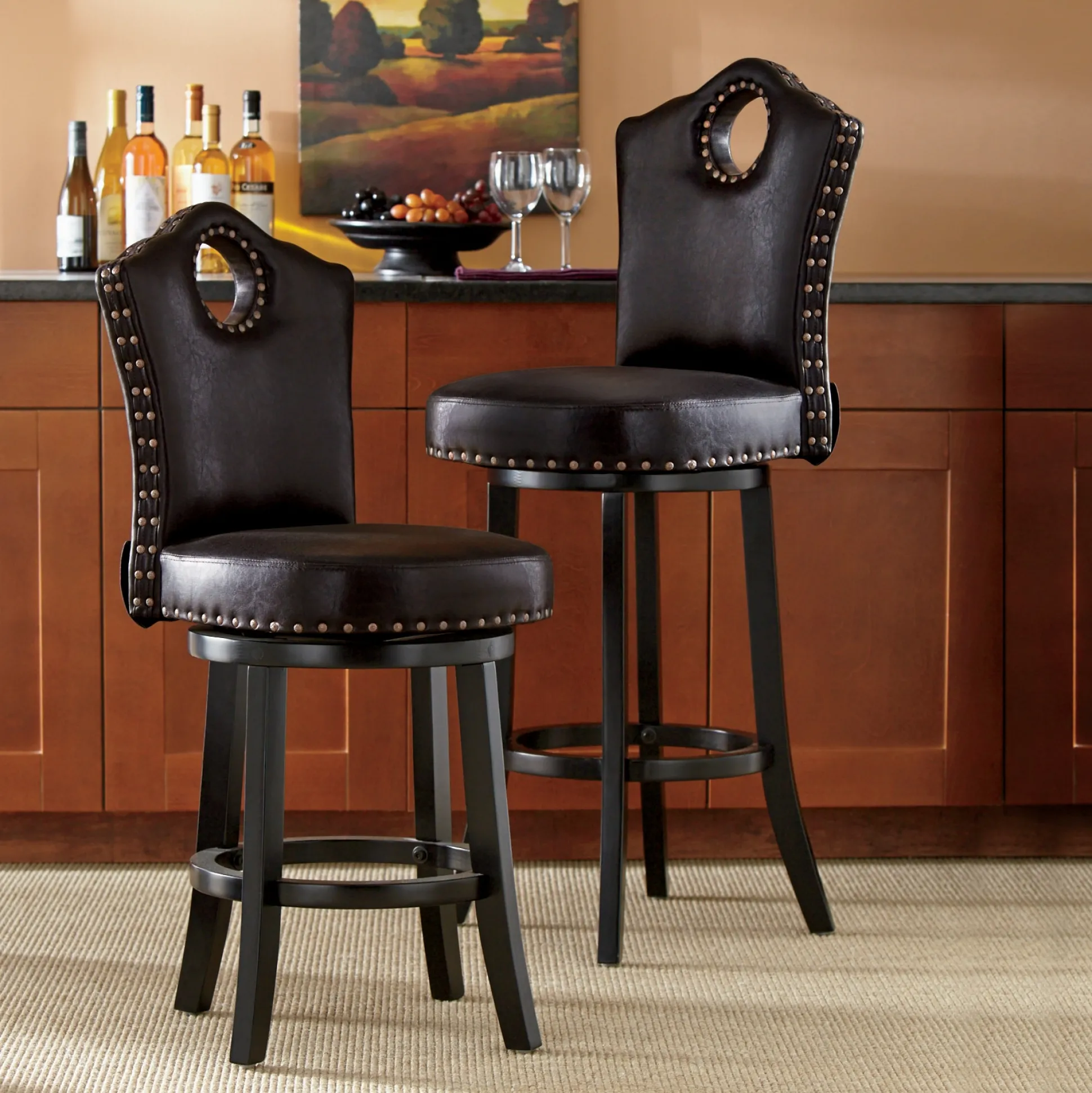 High-Back Swivel Bar or Counter Stool with Nailhead Trim