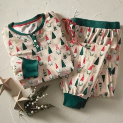 Holiday Gnomes PJ Set in Stretch Velour with Henley Top and Pull-on Pant