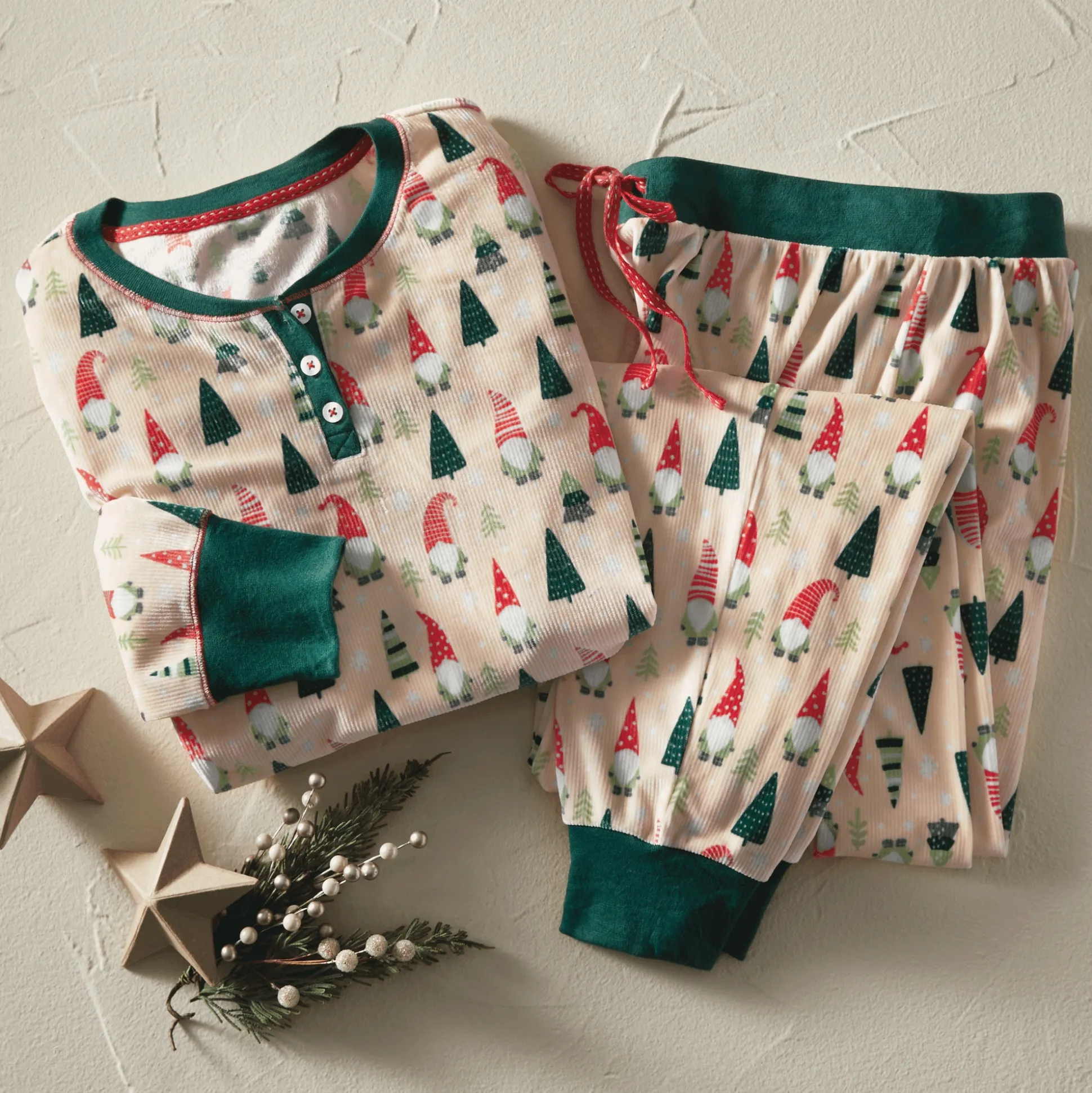 Holiday Gnomes PJ Set in Stretch Velour with Henley Top and Pull-on Pant