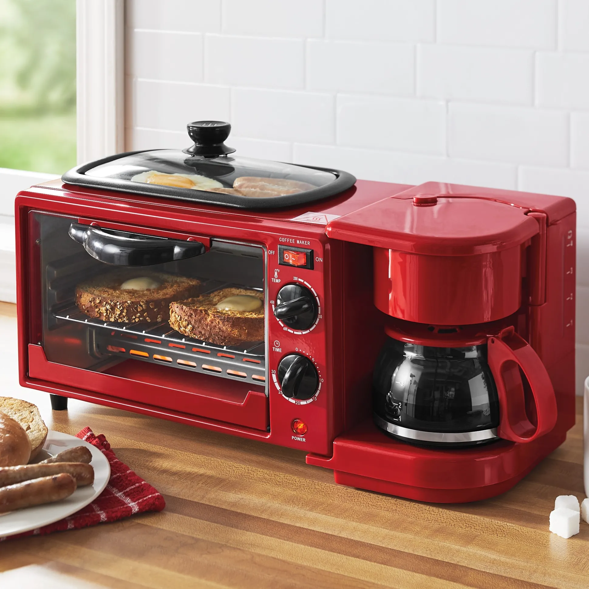 3-in-1 Breakfast Maker with Grill, Bake, Toast & Brew