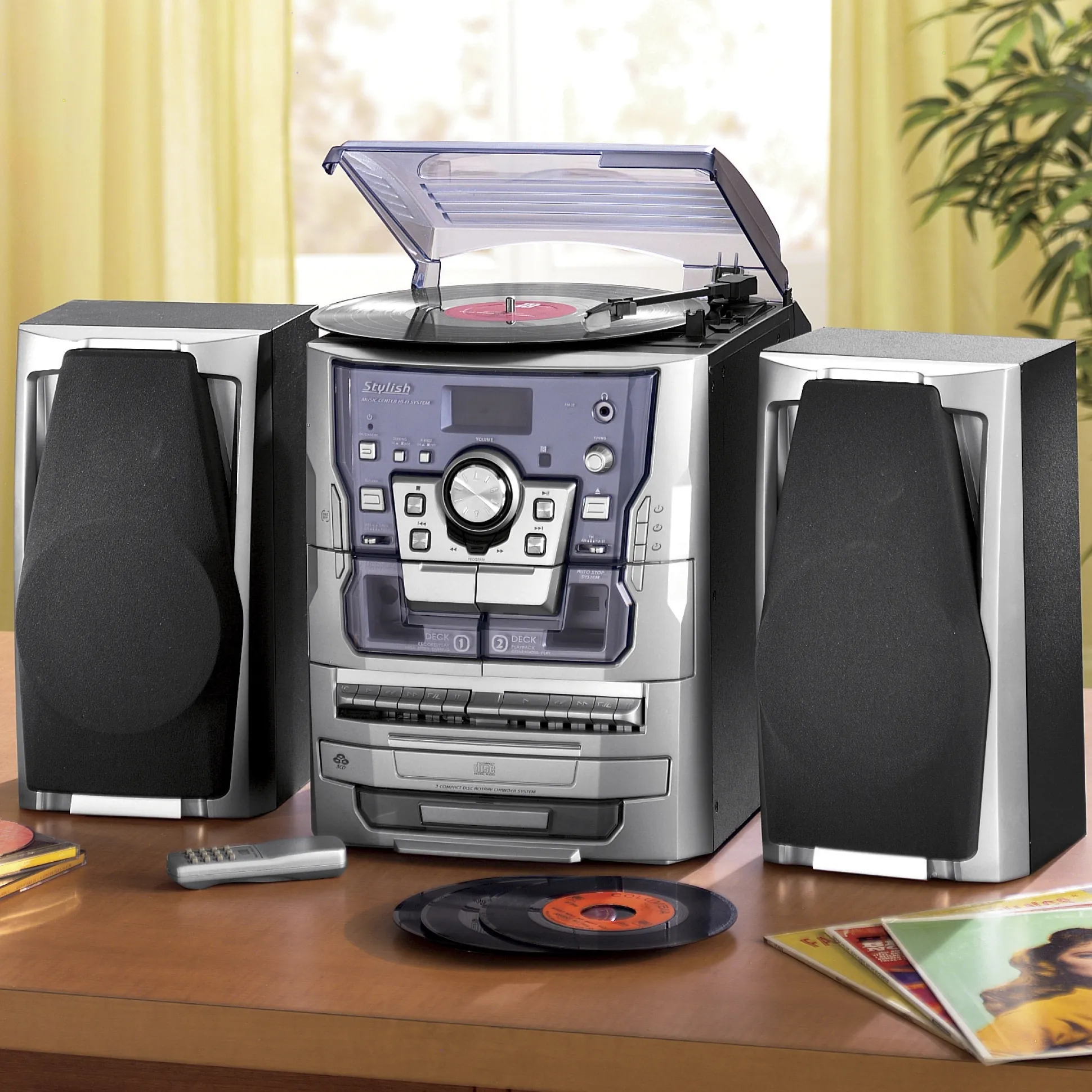 6-in-1 Music System with Deluxe Turntable, iPod/MP3, AM/FM, CD Player & Cassette