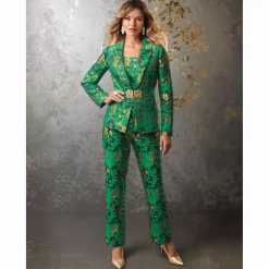 Jenna Jacquard Women's Pant Suit Set with Brooch Closure