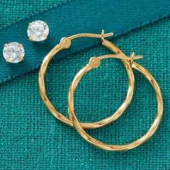 10K Gold 2-Pair Hoop and Cubic Zirconia Earring Set