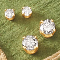 14K Gold 2-Pair Simple Diamond-Stud Earrings