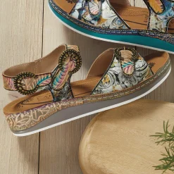 L'Artiste Offtrak Hand-Painted Leather Sandal with Low Heel and Adjustable Fit
